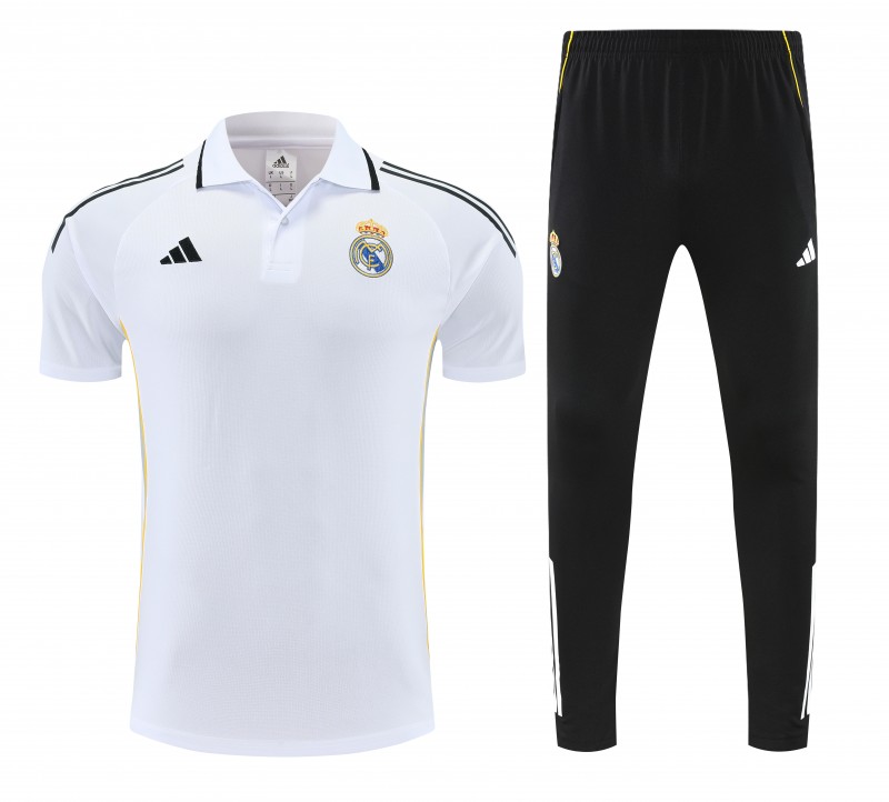 26/27 Real Madrid White Polo Training Shirt + Black Long Pants Tracksuit