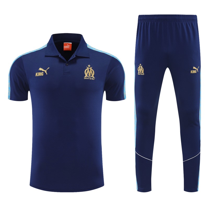 26/27  Marseille Navy Blue  Polo Training Shirt + Long Pants Tracksuit