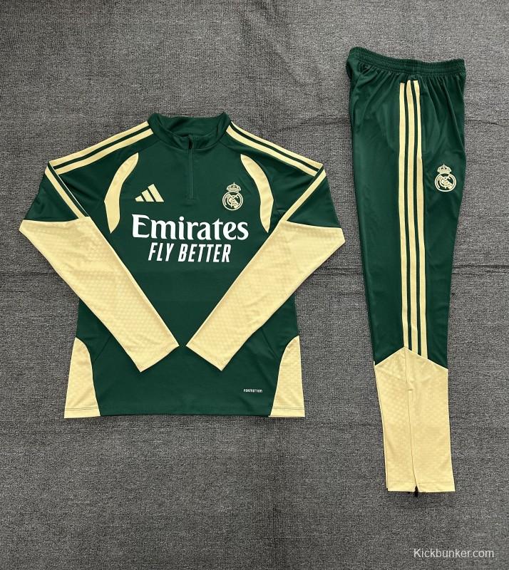 2026 Kids Real Madrid Green & Cream  Half Zipper Jacket Tracksuit + Long Pants