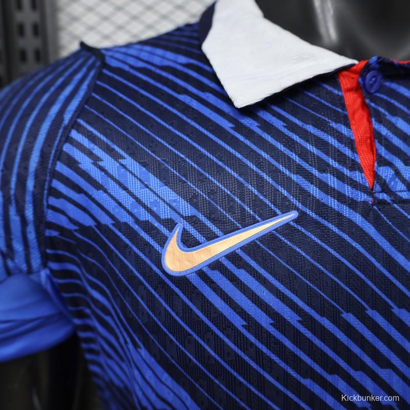 Player Version 2026 France Home Blue with Diagonal Brushstroke Stripe Polo Collar Jersey