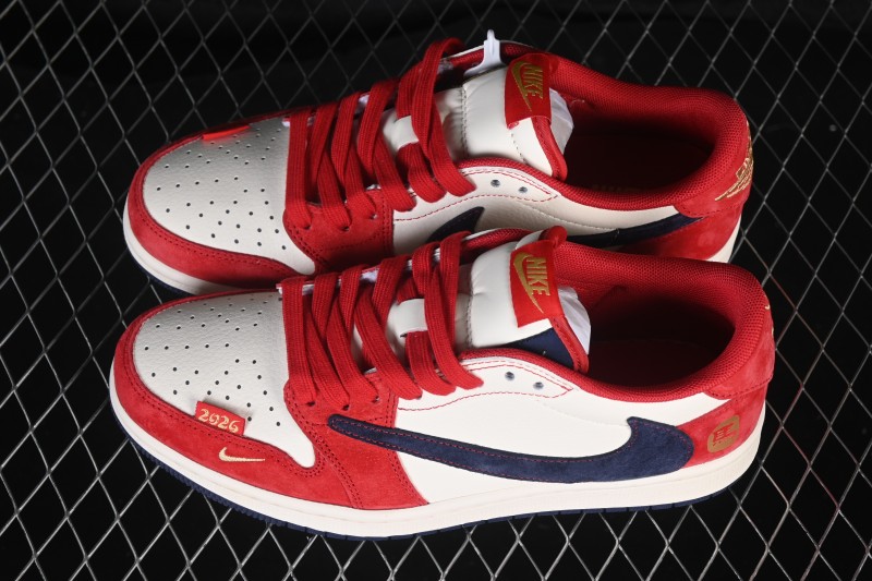 Nike Travis Scott x Fragment Design x Air Jordan 1 Low OG SP Lifestyle Low-Top Sneakers with Red White Blue Color Blocking - HG0026-024