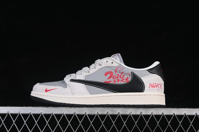 Nike Travis Scott x Fragment Design x Air Jordan 1 Low OG SP Retro High-Quality Lifestyle Sneakers with Multi-Brand Collaboration Grey Red Contrast - JP2026-117