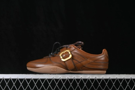 MiuMiu Gymnasium FW25 Calf Leather Buckle Lace-Up Low-Top Casual Shoes - Brown